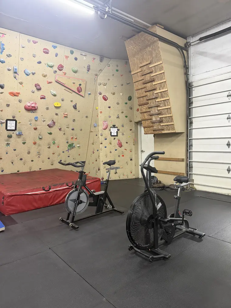 The indoor bouldering wall at Legacy Gym in Wooster, Ohio